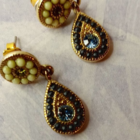 Vintage Drop Blue Stone and Beaded Dangle Earrings - Picture 5 of 6